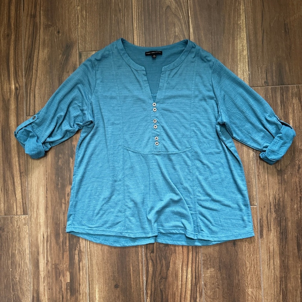 Jane + Delancey Womens 1X Teal Blue Slub Knit Roll Tab Sleeve Henley Top Blouse